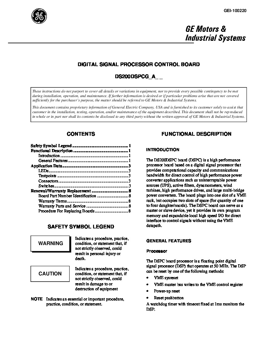 First Page Image of DS200DSPCH1A GEI-100220 Digital Signal Processor Control Board.pdf